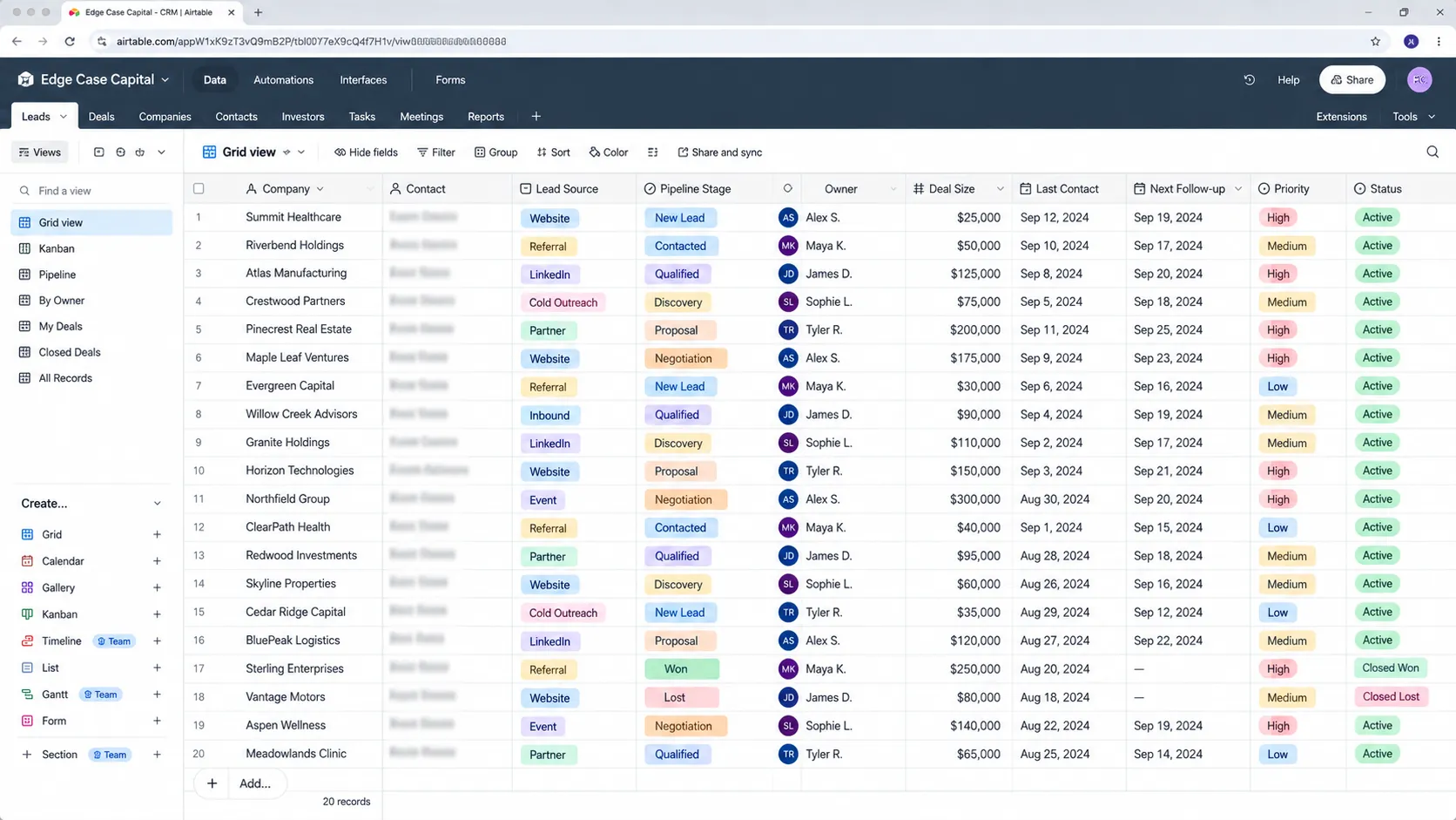 An Airtable CRM grid view tracking leads with pipeline stage, deal size and priority columns.